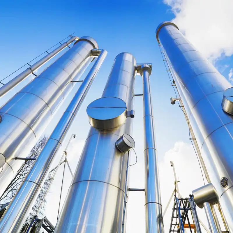 Upward view of giant gas pipes.
