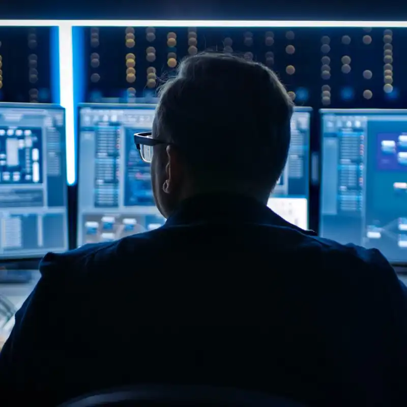 Professional IT programer working in data center on desktop computer with three displays.