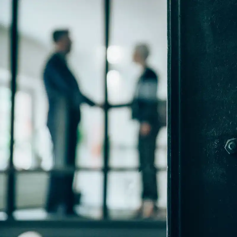Businessman and businesswoman shaking hands in an office.