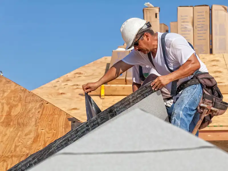 Roofer tears off protective cover of underlayment on a new roof.