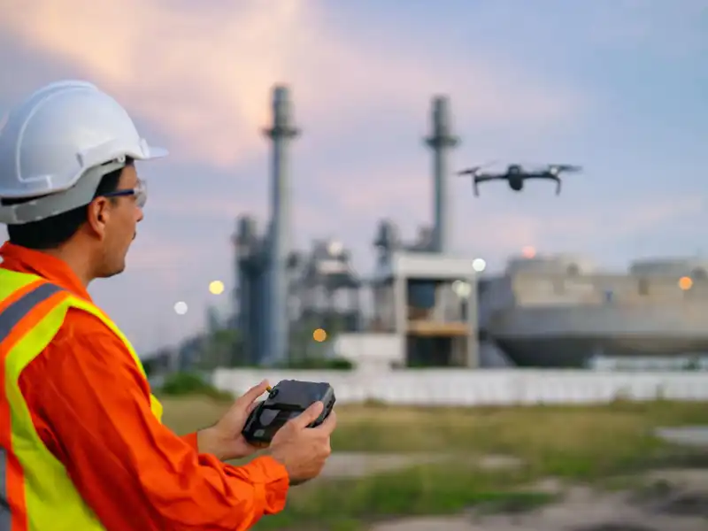 Construction worker flying a drone.