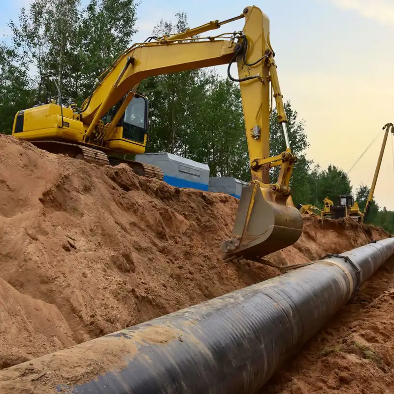 Excavator and pipelayer during building of transit petrochemical pipes.