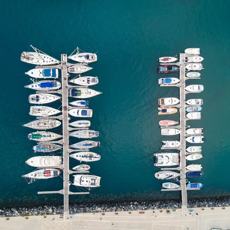 Aerial view of yacht club and marina.