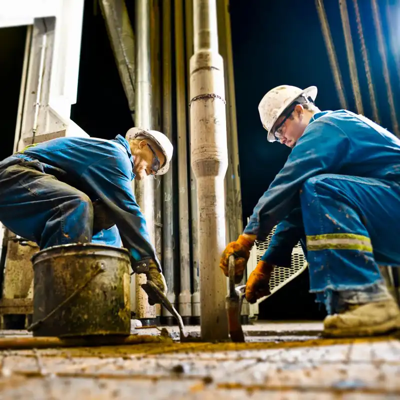 Two oil workers working on drilling rig.