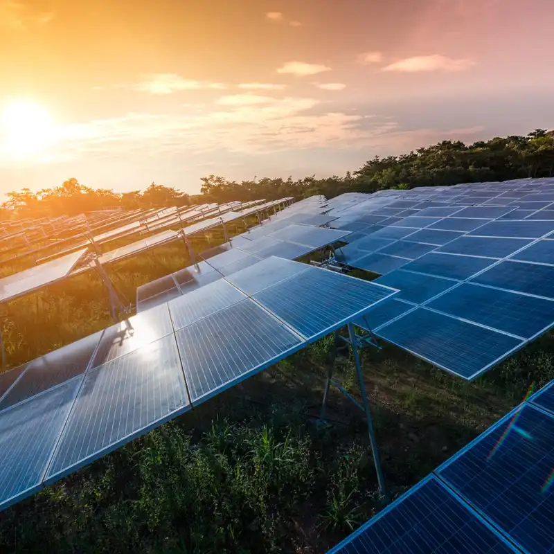 Beautiful sunset over solar farm.