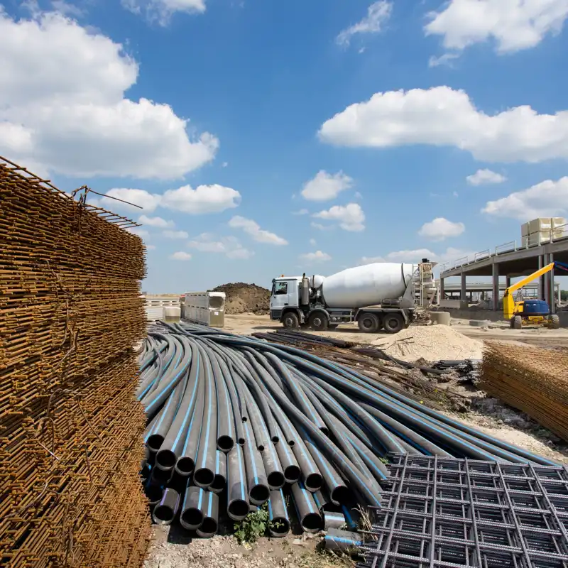 Close up of reinforcement mesh on pile and other construction material and equipment at building site.
