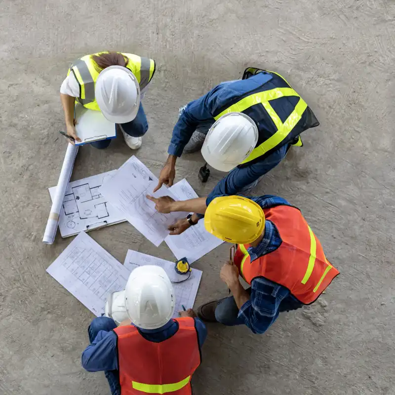 aerial view of construction workers looking at blueprints