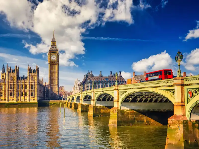 London on a partly cloudy day with a view of Big Ben across a river.