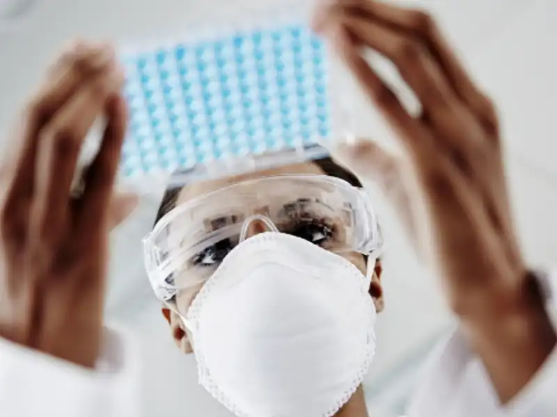 A medical professional examines a tray of samples.