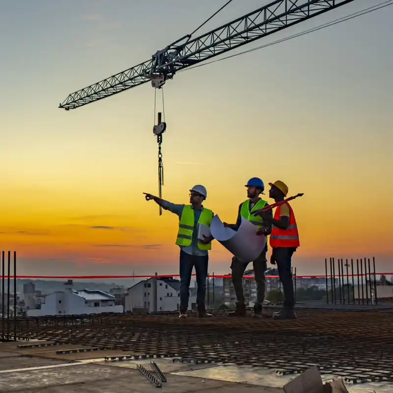construction workers looking at blueprints on the top of a building during sunrise