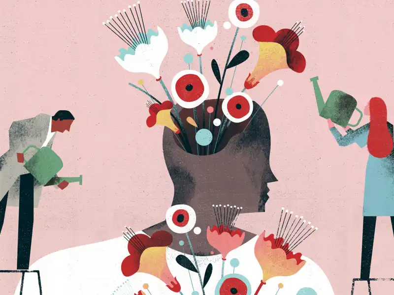 Illustration of people watering a plant growing out of a person's head.