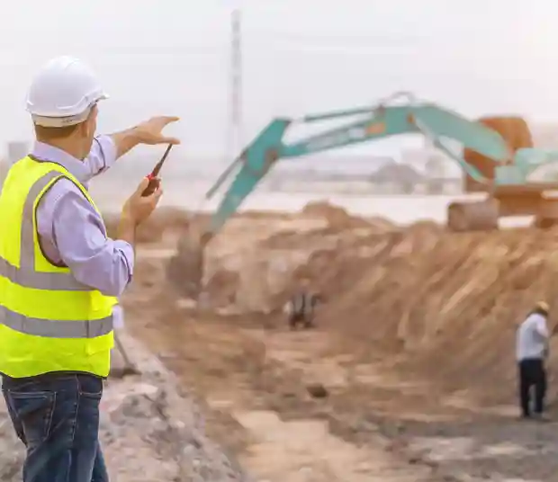 construction worker talking on a walkie talkie on a job site