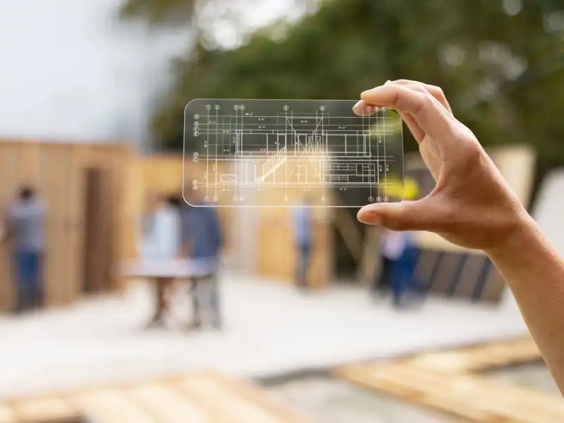 A hand holding up a clear plastic blueprint at a job site with workers in the background.