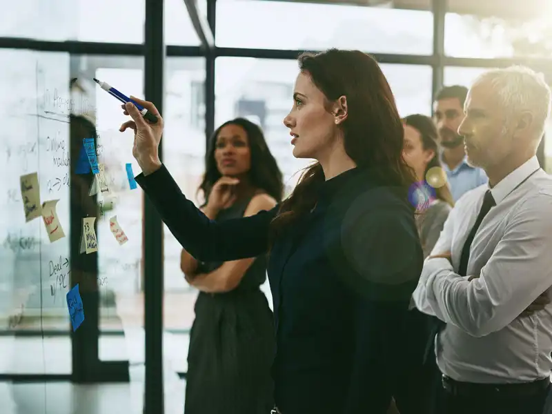 Business woman pointing at white board with coworkers looking on.