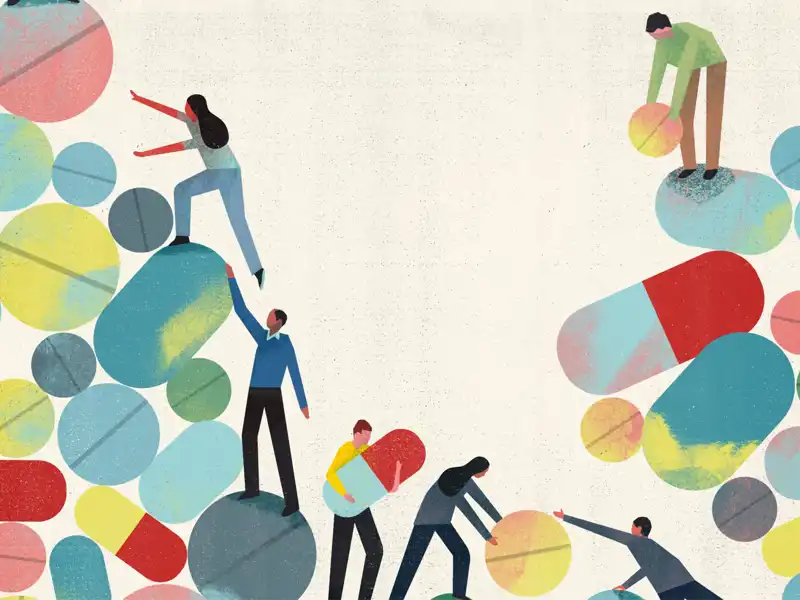 Illustration of people climbing on pharmacy pills.