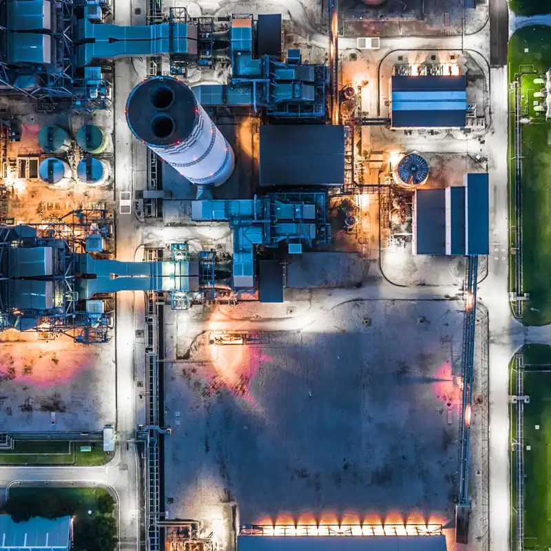 aerial view of a power plant at night