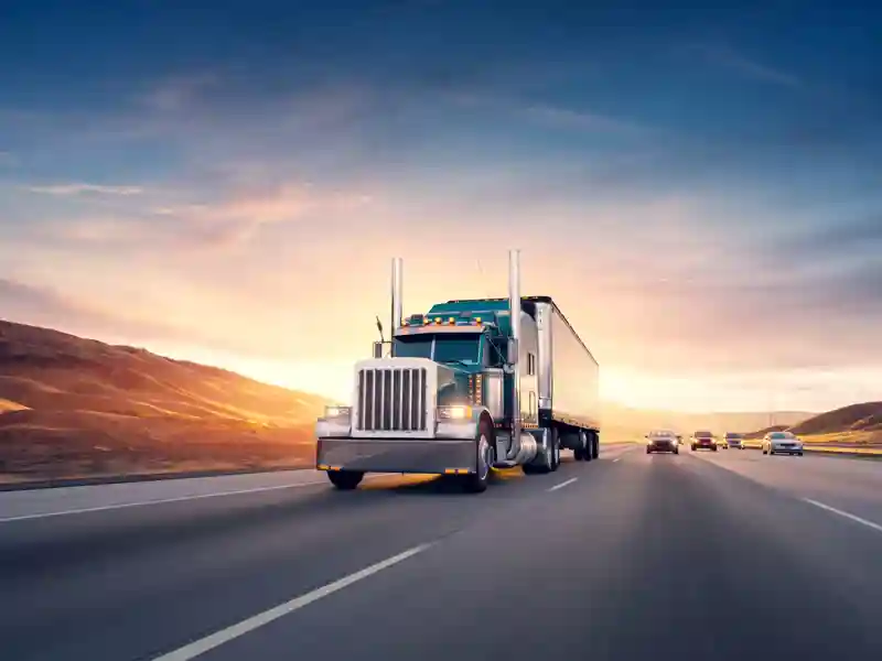 American style truck on freeway pulling load.